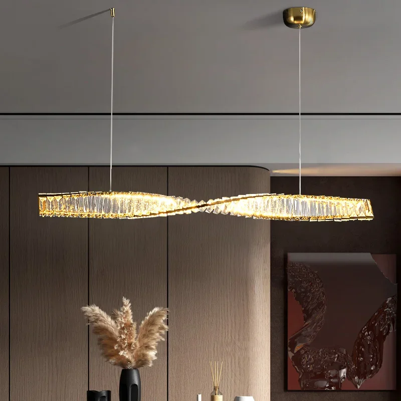 Dining Room Crystal LED Chandelier Modern One Word Spiral Design Pendant Lamps Luxury Kitchen Island Bar Table Suspension Light