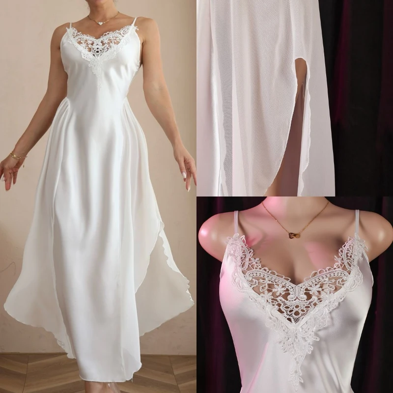 2026 Hot Selling New High-end Thin V-neck Over Knee Side Split Suspender Nightgown for Women