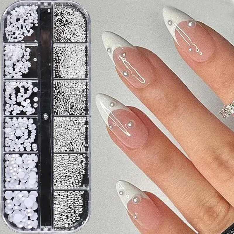 12 Grids White Half Round Pearl Nail Art Decoration Mixed Size Silver Gold Mini Steel Ball Rivet Rhinestone Nail Accessories