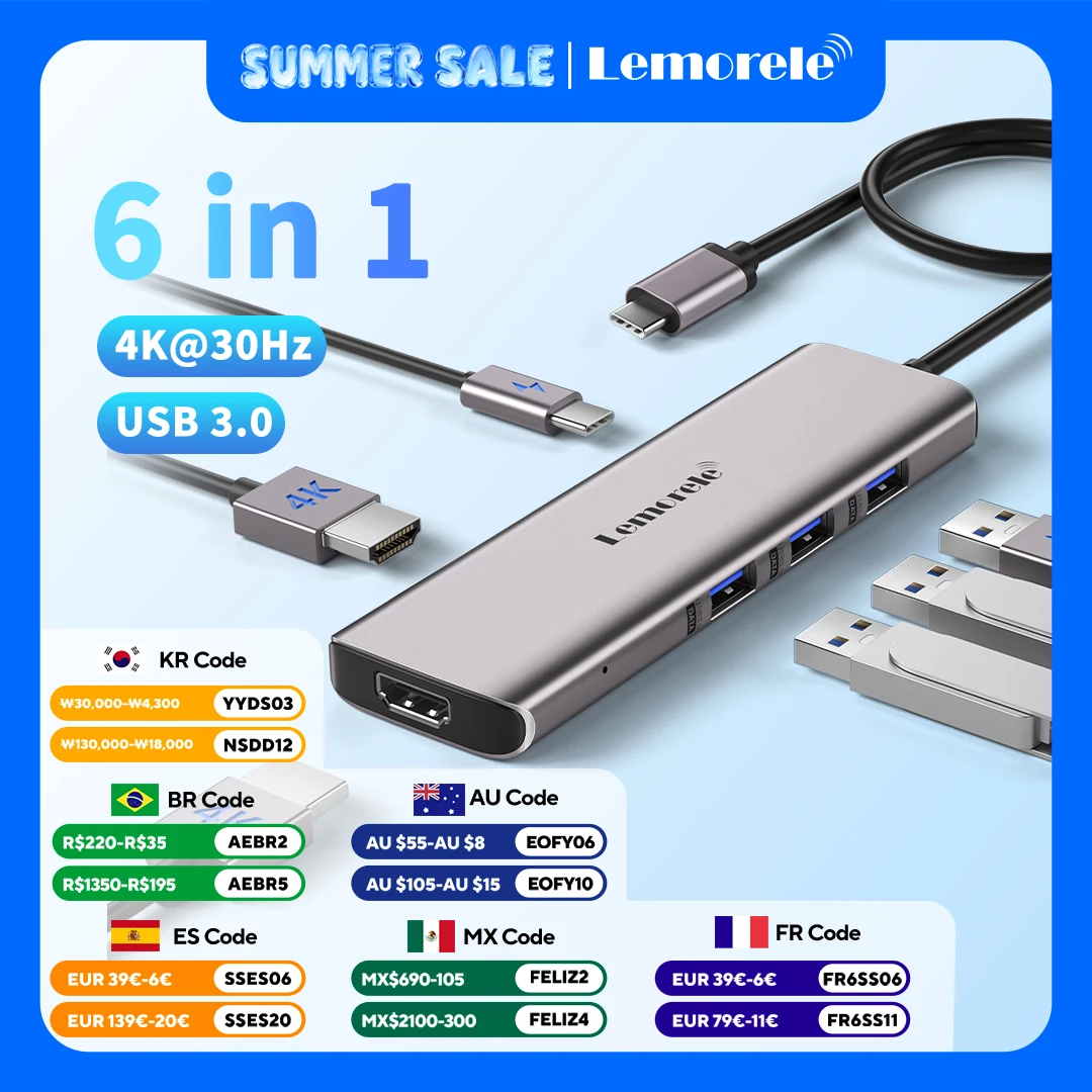 Lemorele USB C Docking station TC73-PLUS Dual HDMI USB hub 3.0 6-in-1 ports Type C adapter 5Gbps transfer for windows MacOS Dell
