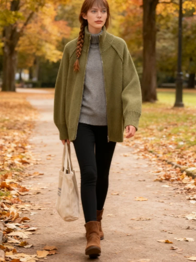 Fashion Women Stand Collar Sweaters Thick Warm Zipper Full Sleeve Solid Cardigans 2025 Autumn Winter Vintage Lady Jumper Outwear