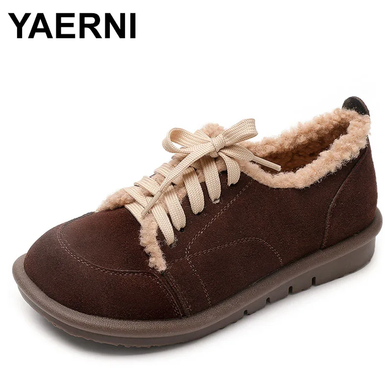 

Winter Flats Women Cow Suede Patchwork Round Toe Warm Short Plush Cross-Tied Decor ladies Flat Shoes Handmade