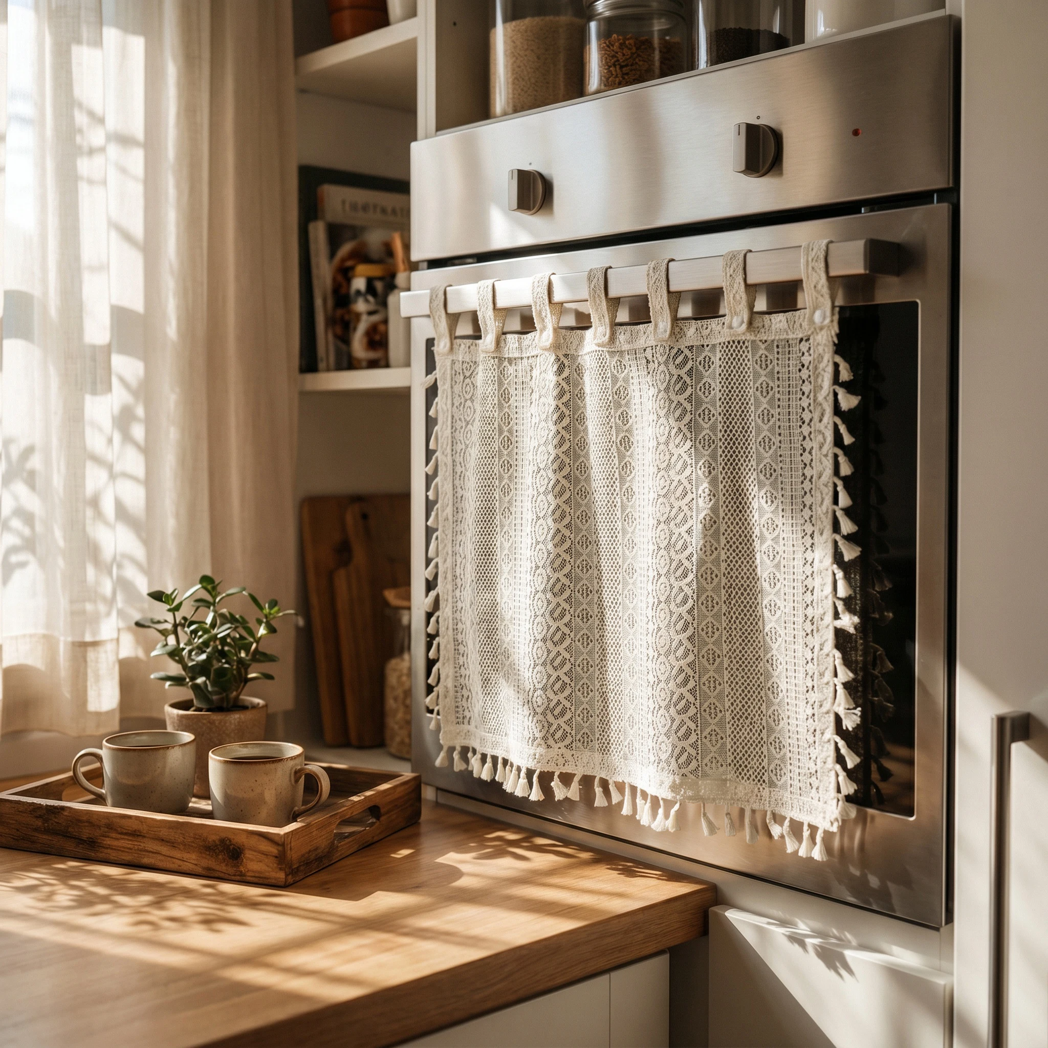 Modern Beige Tassel Short Curtain for Kitchen Lace Tier Cabinet Oven Valance Coffee Shop Small Window Blinds Home Decor