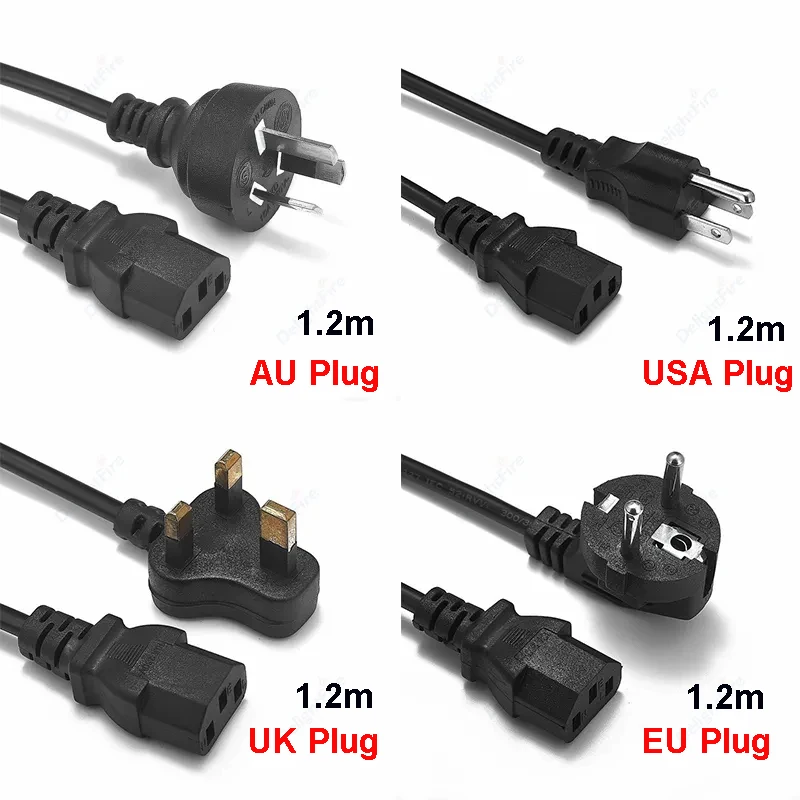 EU AU UK USA Power Cord 3 Prong 1.2m IEC 320 C13 PC Power Cable Power Supply Extension Cable For Desktop PC Monitor Router DVD