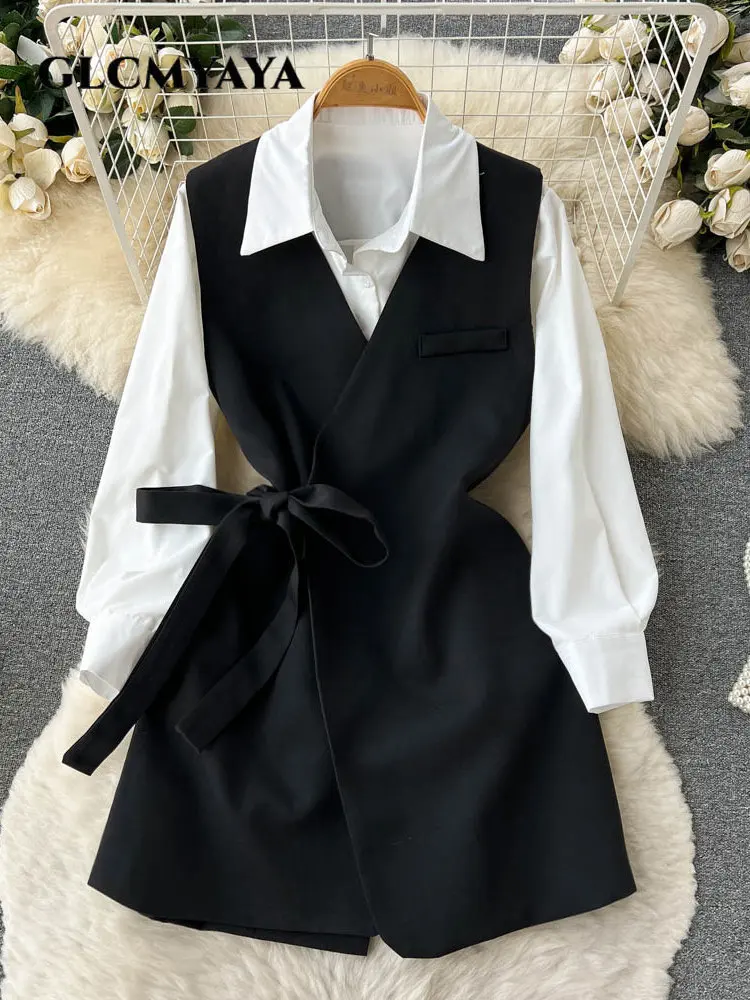 

GLCMYAYA Elegant Chic Women Bowknot Waist Blazer Style Romper and Long Sleeve Shirt Suit 2023 Female Two 2 Piece Set Outfit