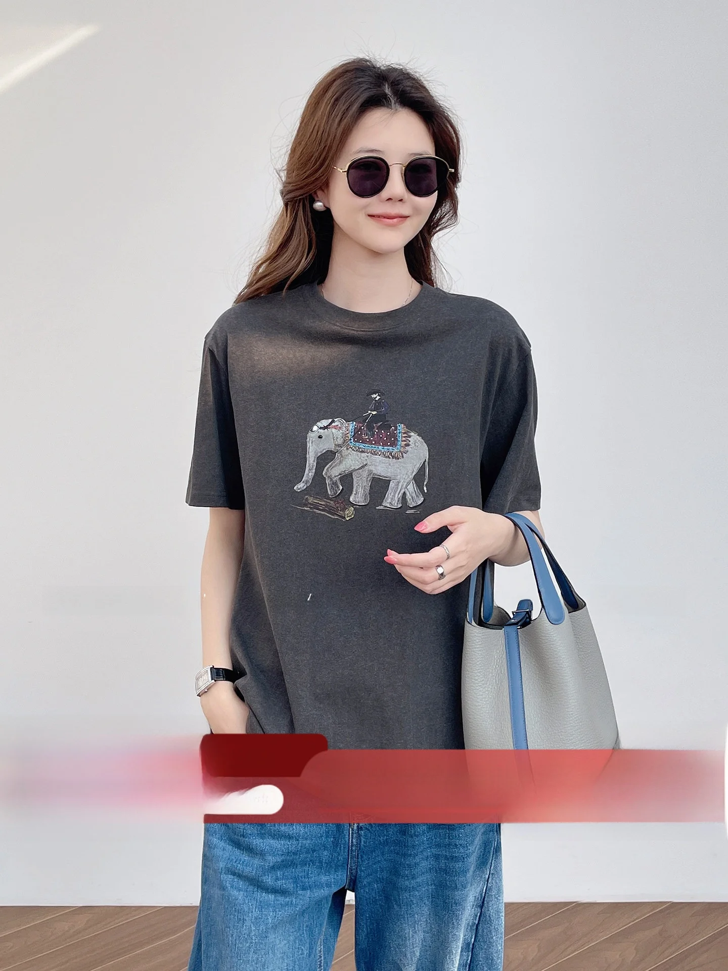 

Handmade Beaded Elephant Trendy 100 Combed Cotton Short Sleeve round Neck T-Shirt Korean Style Versatile Top for All Seasons