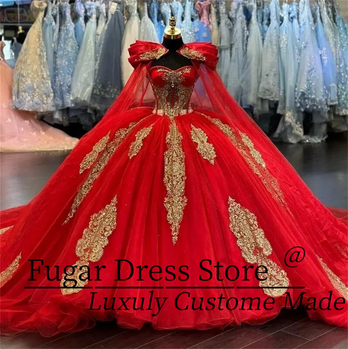 

Princess Red Ball Gown Quinceanera Dresses 2024 With Cape Sequins Appliques Beads Sweet 16 Dress Vestidos De 15 Anos Lace-Up