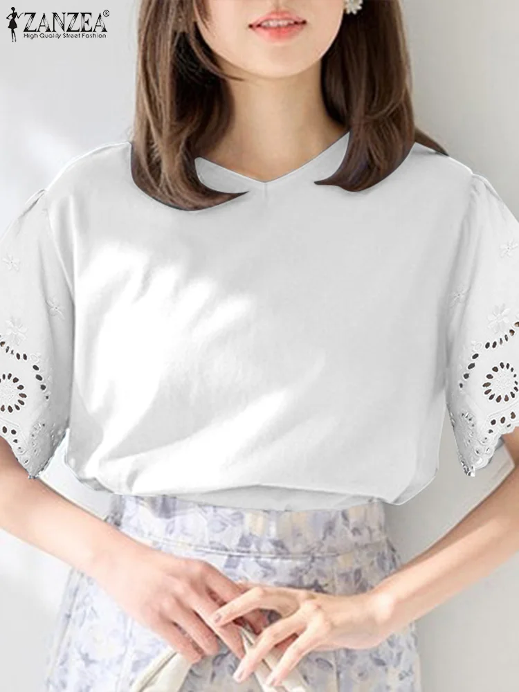 

Кружевные повседневные свободные футболки ZANZEA с коротким рукавом и круглым вырезом однотонные элегантные летние блузки 2024 женские корейские модные туники Топы