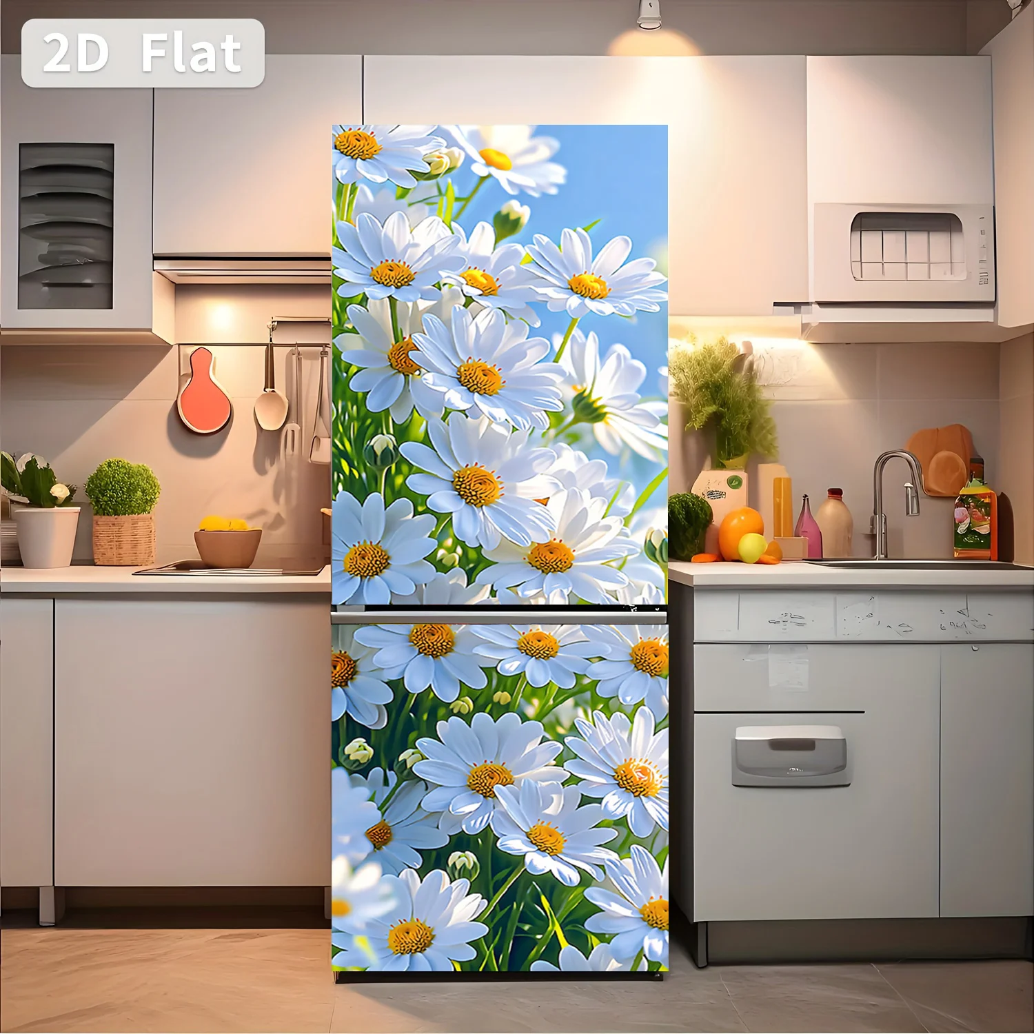 of  Printed Refrigerator Sticker,, Featuring a Blooming Daisy Design. Self-Adhesive Wall Decoration Suitable for Cabinets And