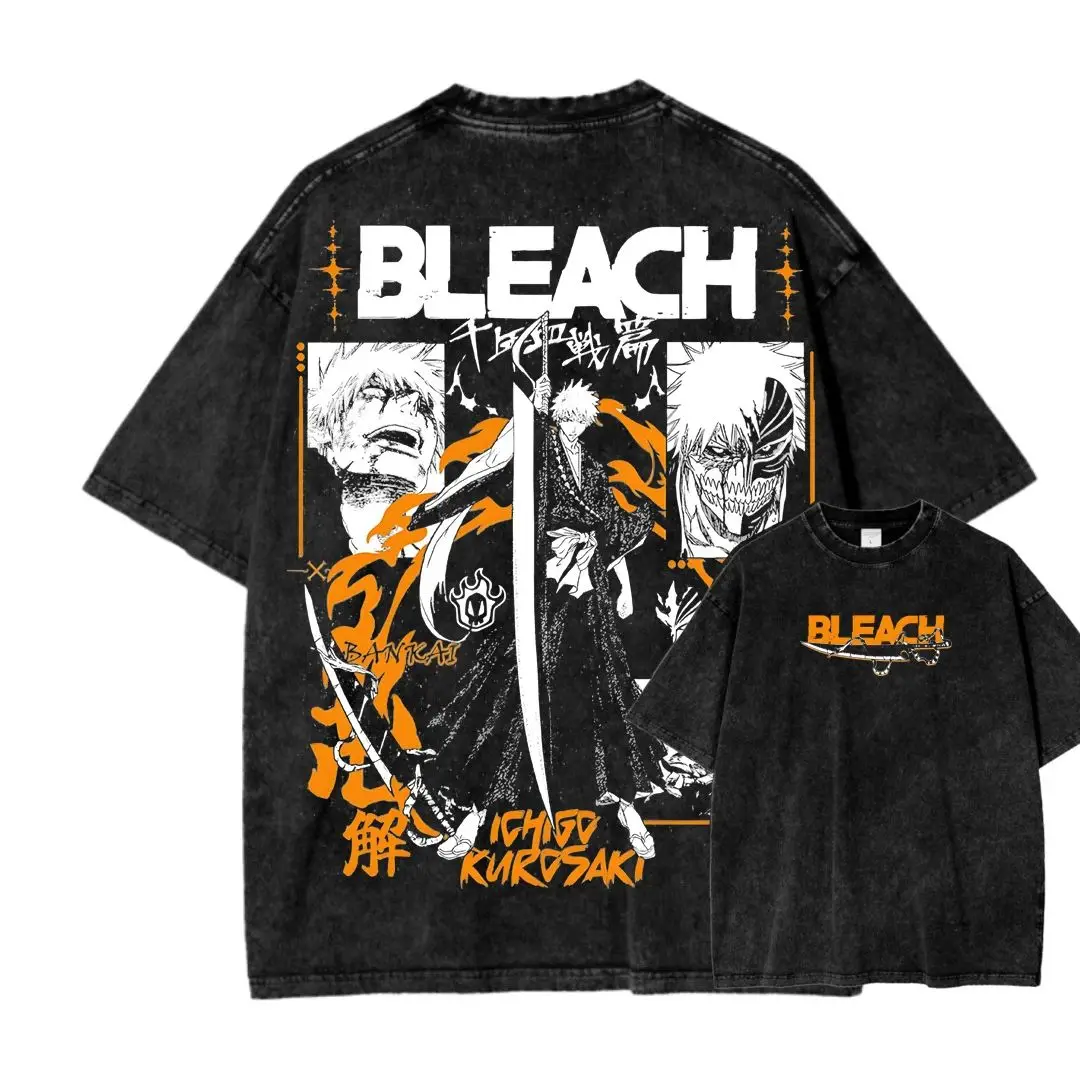 Bleach Ichigo Kurosaki Dual Sided Washed T-shirt Hollow Mask Zangetsu Anime Print Oversized Cotton Vintage Tee for Otaku Fans