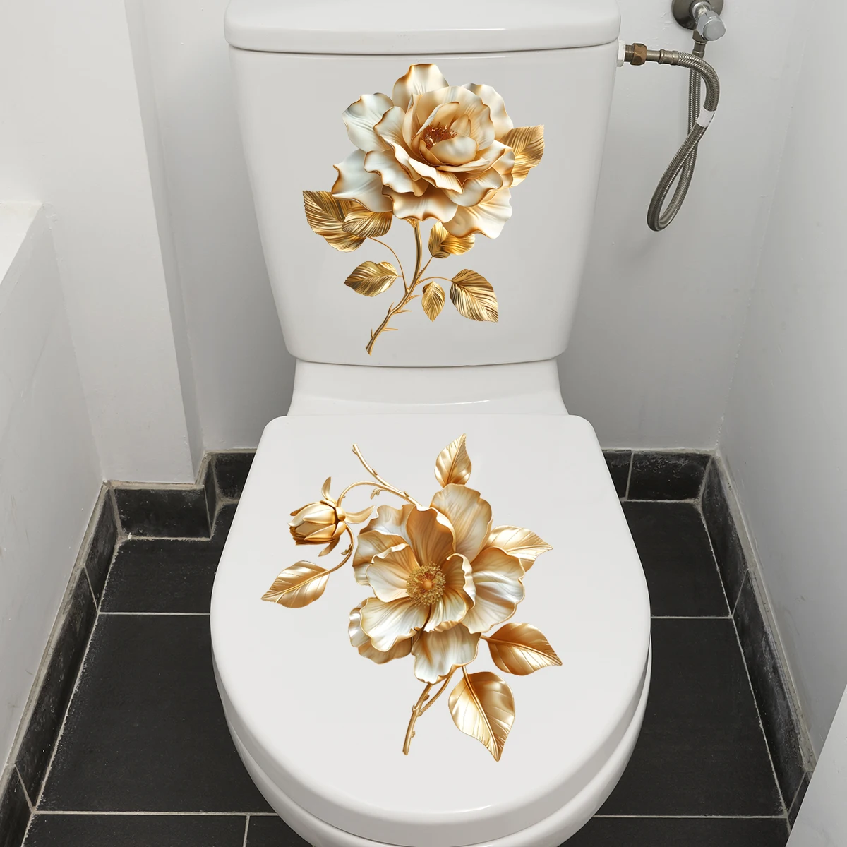 2 Stück elegante goldene Blume Badezimmer Toilette Aufkleber, wasserdichter Wandaufkleber für Zuhause