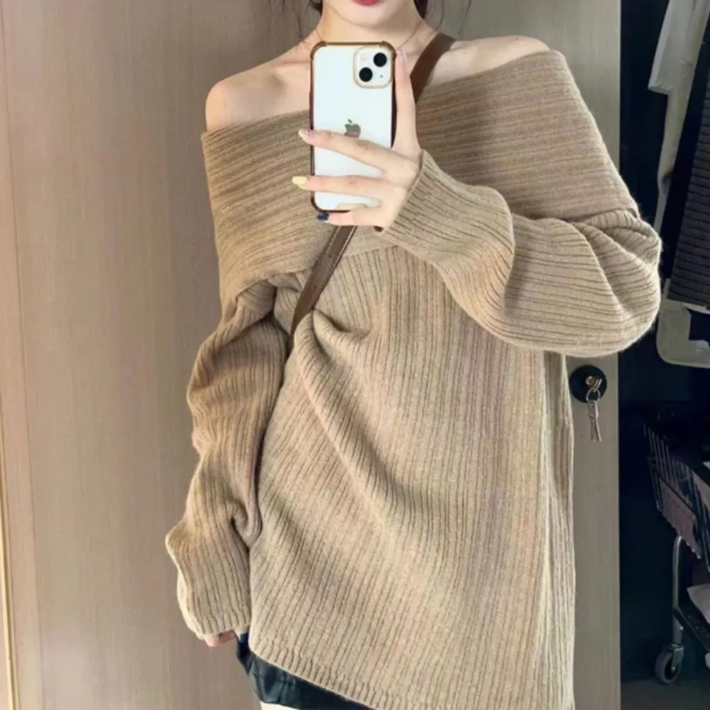 2024Chic Solid Color Diagonal Neck Sweater for Women Commuter Casual Loose Long-sleeved Pullover for Women\'s High Street Sweater