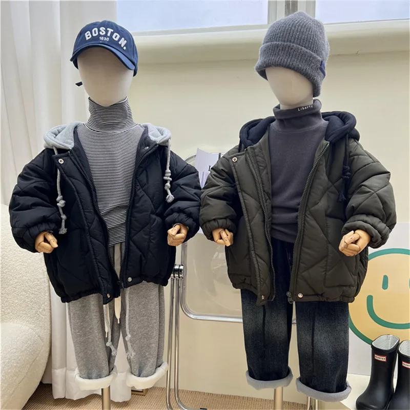 Boys Coat Jacket Cotton Outerwear Windbreak 2023 Hooded Thicken Velvet Winter Warm School Sport Children\'s Clothing