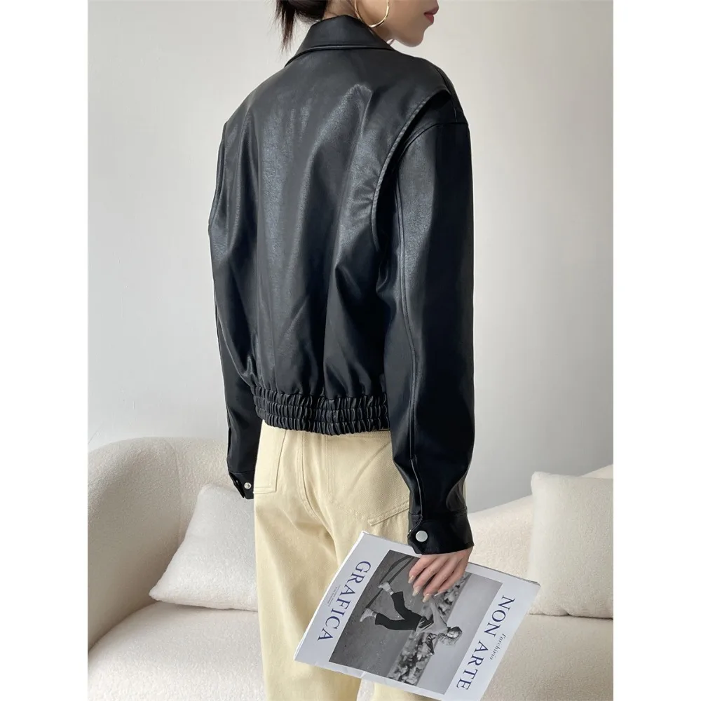 Leather Coat Lady 2024 Autumn Winter American Vintage PU Leather Jacket Small Motorcycle Faux Leather Jacket Women High Street