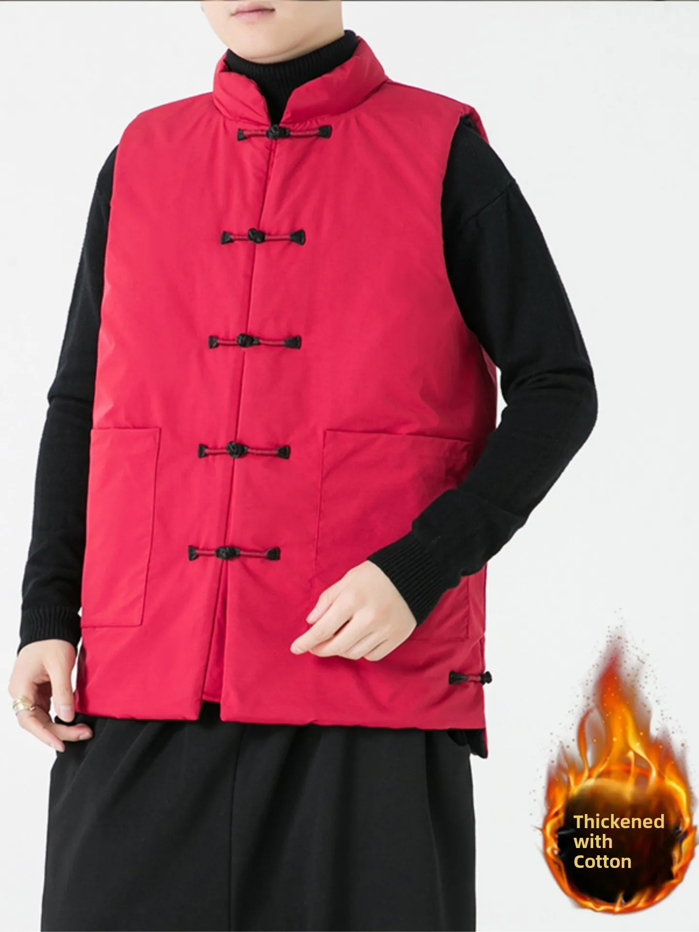 

Red Thiened down Cotton Vest Men's Winter Warm Bal New Chinese Sle Button Tang Suit Middle-Aged Men's Clothing