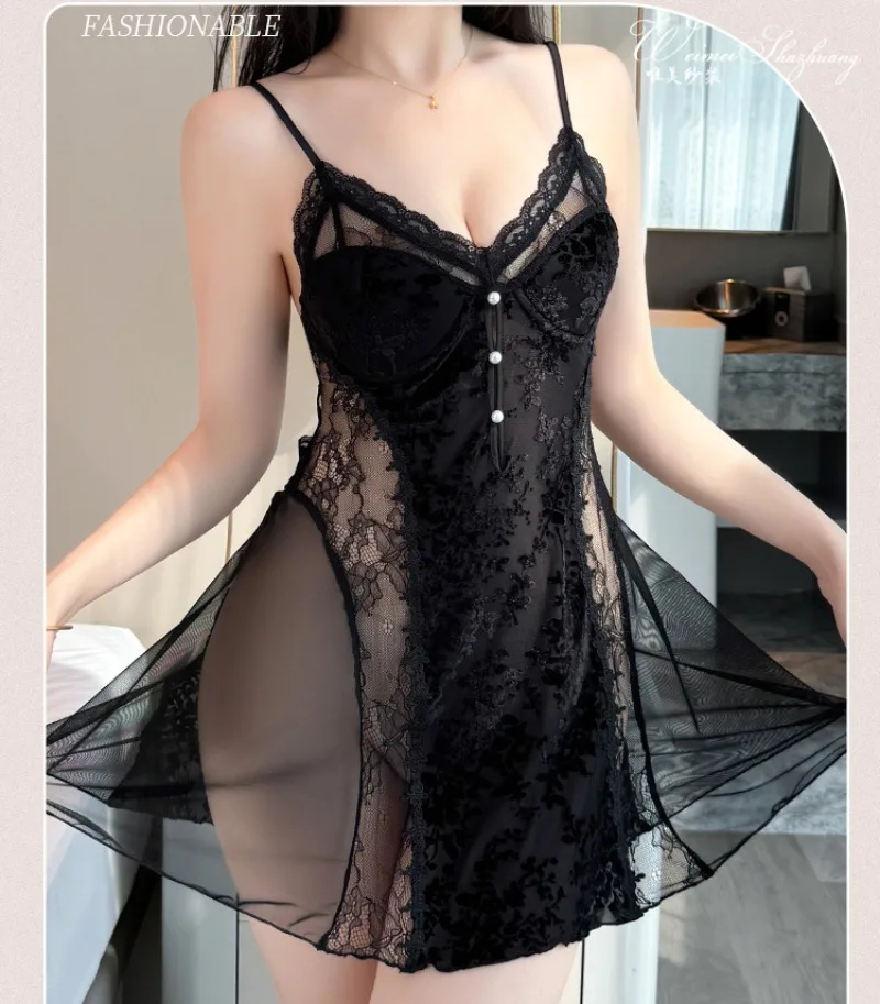 

Women's New Sexy Suspender Nightdress Mesh Stitching Pajamas Loungewear Set