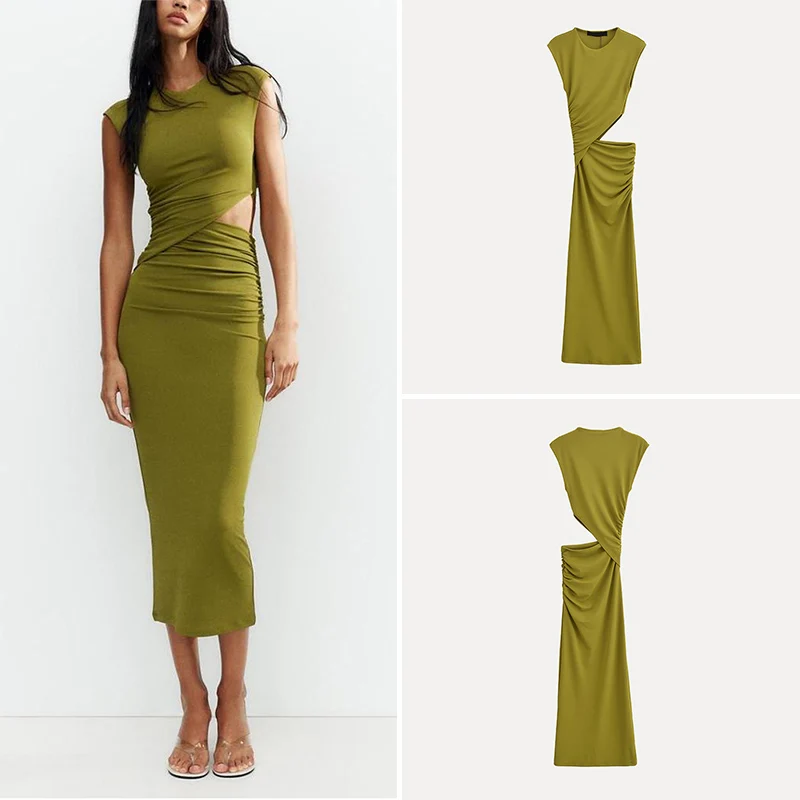 Vestido sin Mangas con Decoración Pada y Aberturas, Estilo Primavera 2025 para Mujer, Moda Urbana Z, Fibra de Poliést...