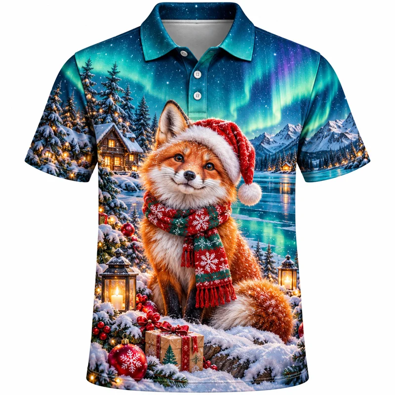 Christmas Polo Shirt for Men Short Sleeve Fox Polar Bear Raccoon Squirrel Cardinal Designs Holiday Party Top