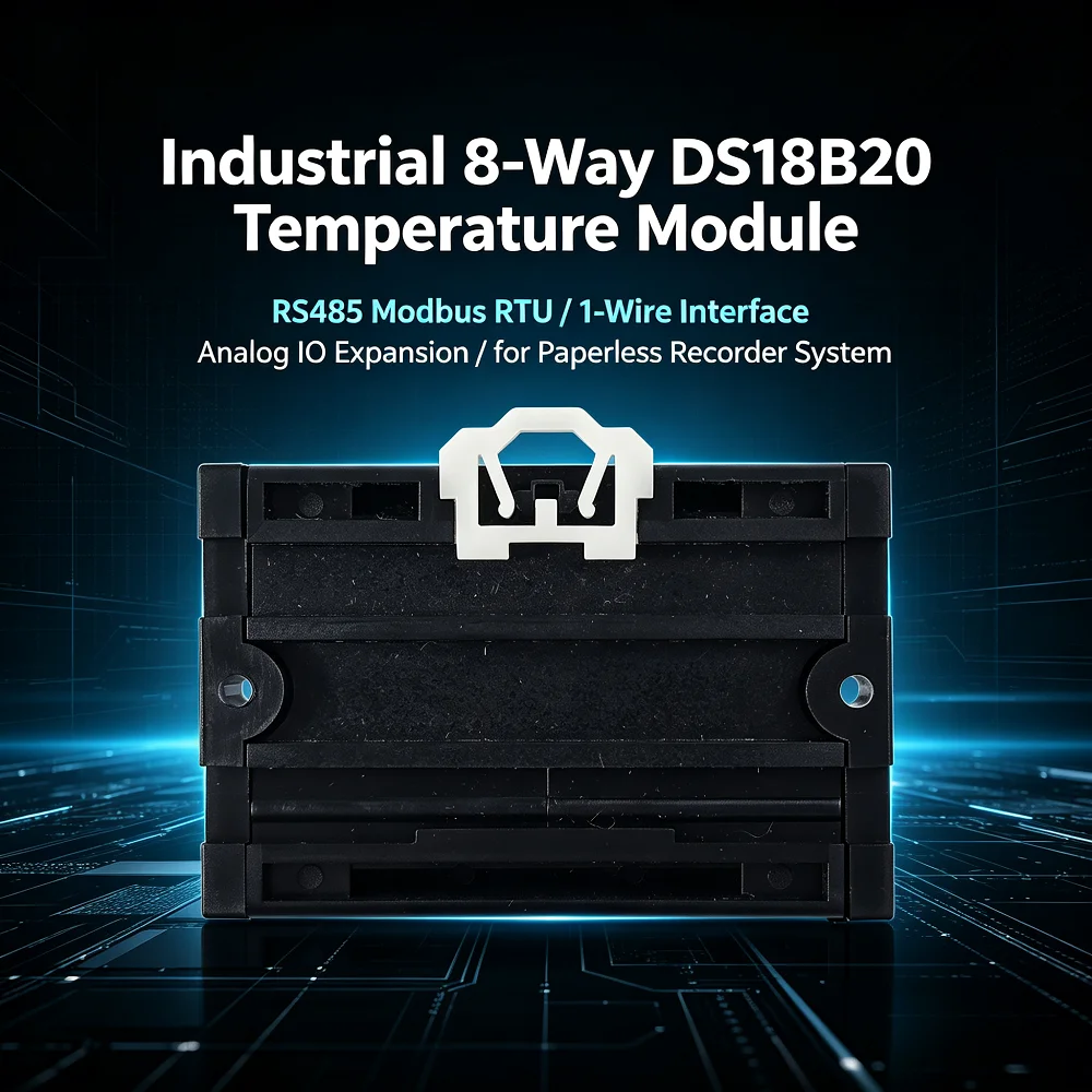 8 Channel Digital Temperature Sensor Interface Module: DS18B20 1-Wire, RS485 Modbus, Analog In/Out, 7-30V Supply