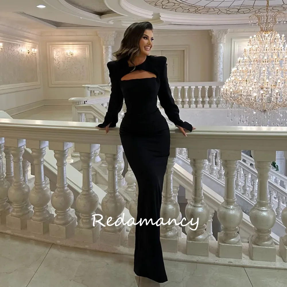 Redamancy Black Crepe Prom Dresses Detachable Shawl Mermaid Wedding Dress Elegant Long Sleeves Customized Vestidos De