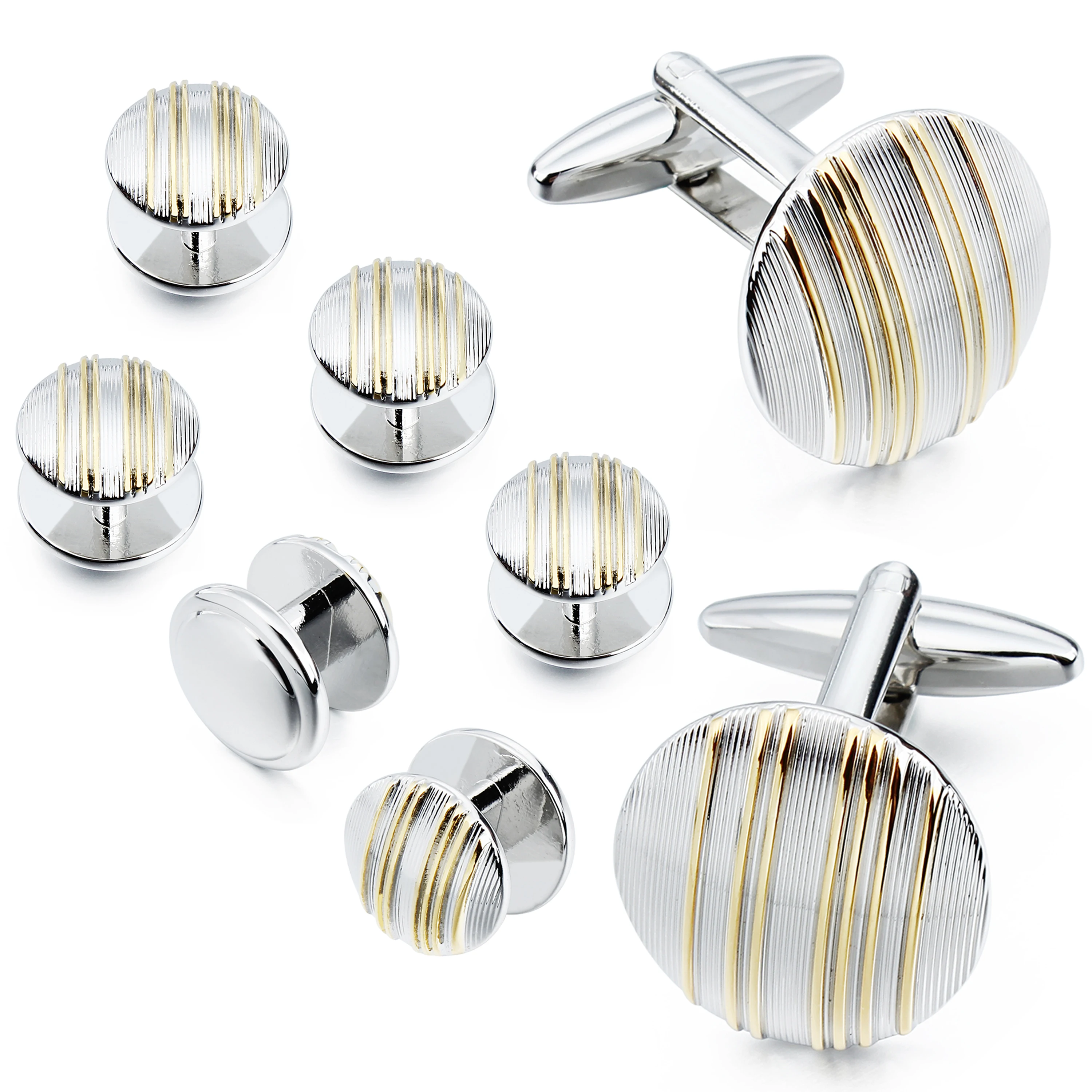 

HAWSON Round Gold Stripe Cufflinks and Studs Set for Men Fashion&High Quality Tuxedo Shirt Accessories Cuff Button Set for him