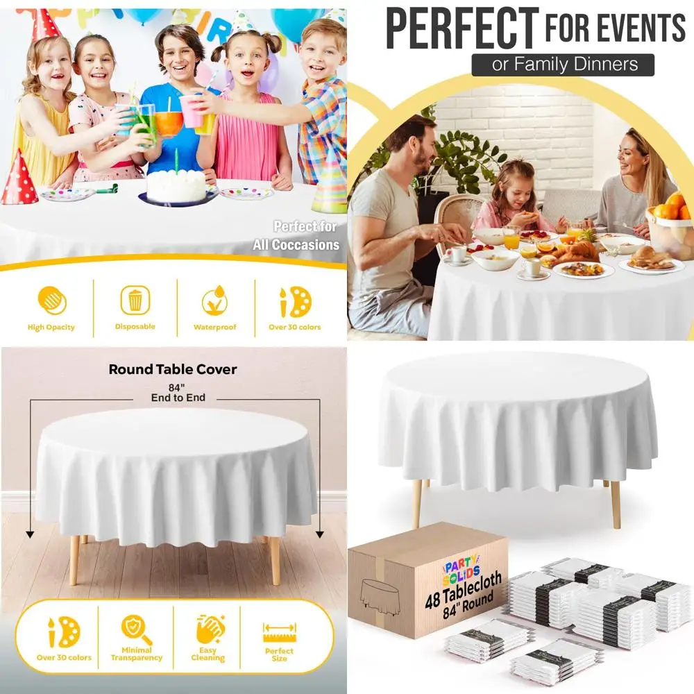 

Одноразовые белые пластиковые скатерти диаметром 84 дюйма, 48 штук в упаковке, подходят для вечеринок в помещении и на улице