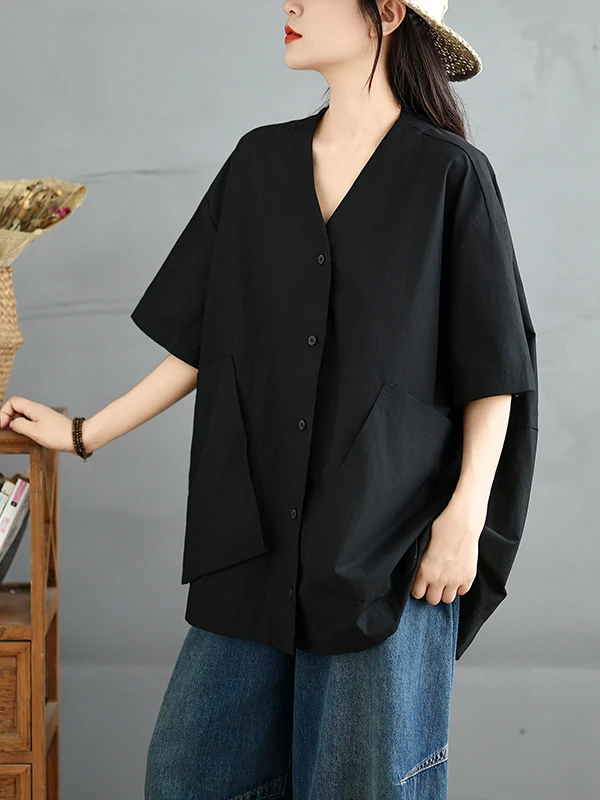 Loose Pure Color mujer irt verano Faion Big ket v-ne adelgazamiento longitud media coreano Sle Casual ropa de oficina