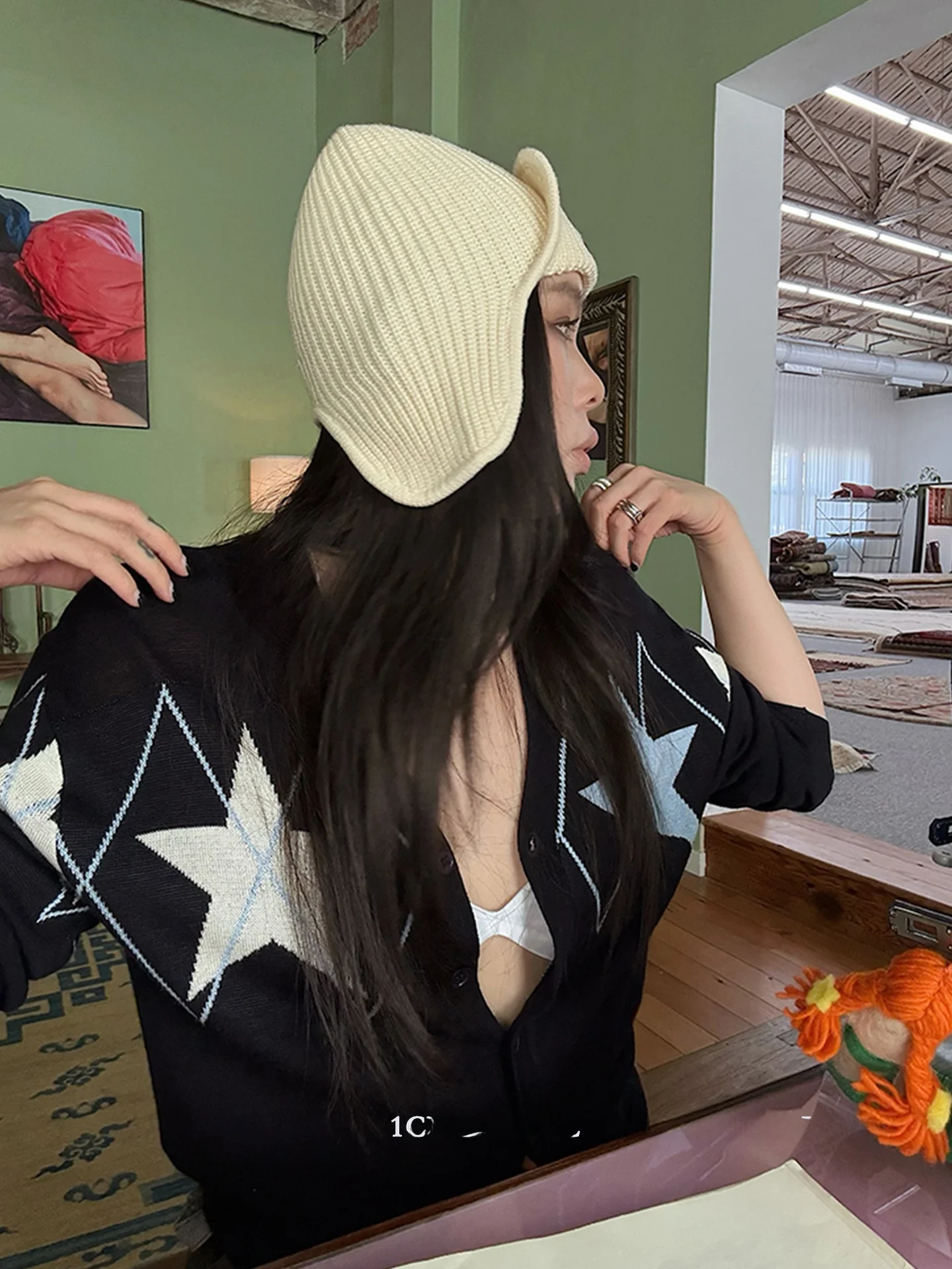 

Retro Star Knitted Open Cardigan Women's Long Sve Woolen Top Casual Loose Fit Autumn New Sle Versatile Blue ey irt