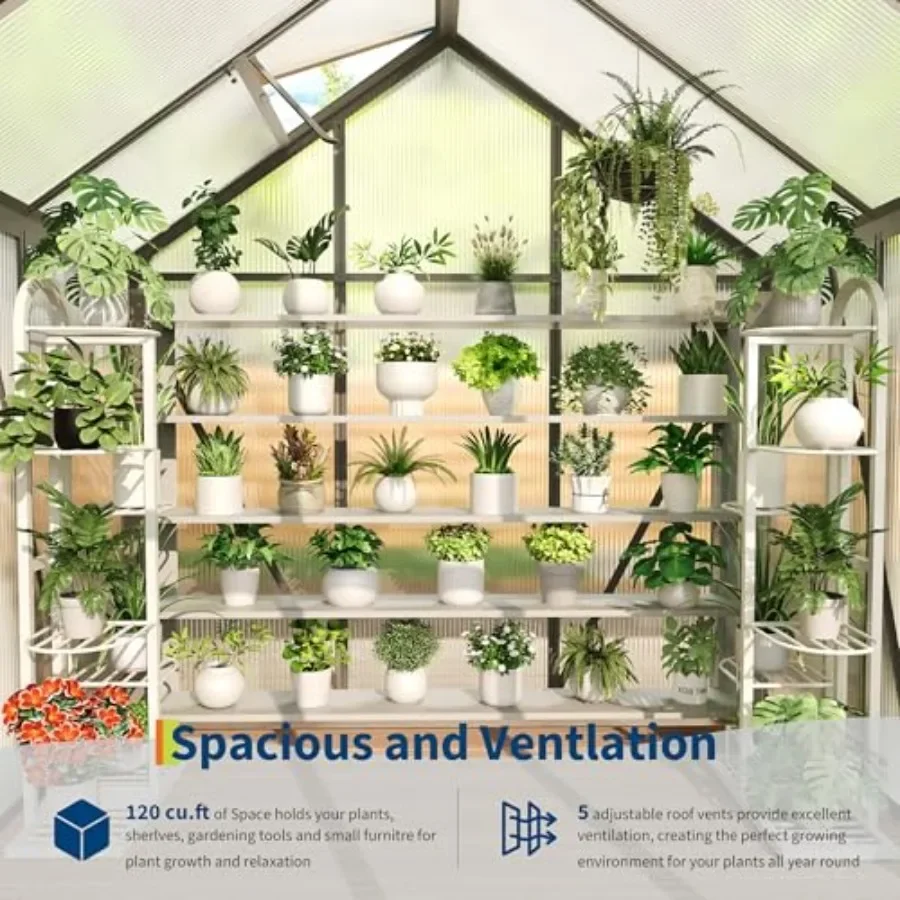 6x4 Ft greenhouse for gardening: polycarbonate panels, rust-resistant aluminum frame, green color, UV-protected and durable