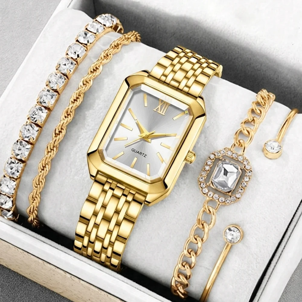 5Pcs/Set Unisex Jewelry Watches Women's Wristwatch Accessories Gold Fashionable Elegant Trendy Classic Exquisite Luxury Quartz Watches Y2K Party Gathering Daily Wear Birthday Holiday Gift Travel Vacation