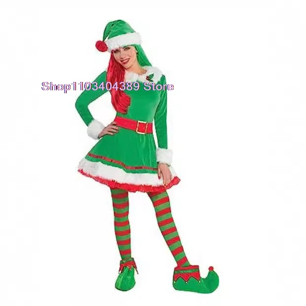 Adult Green Christmas Elf Costumes Santa Claus Green Elf Costumes Womens Cosplay Christmas Dress Set Xmas performance outfits