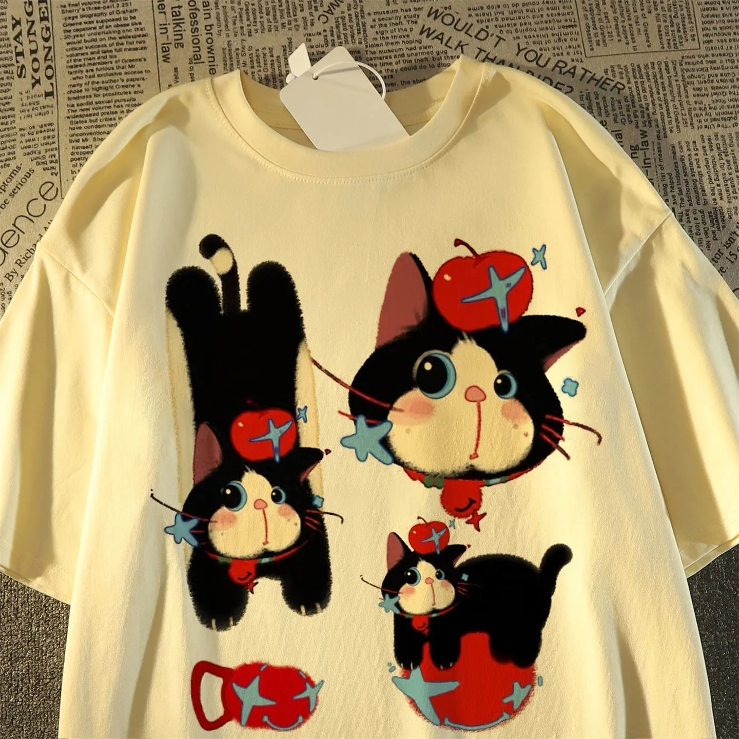 Camiseta con estampado de gato de manzana para mujer, camiseta 100% de algodón Kawaii Y2K de verano, Top coreano Kawaii de manga corta, camiseta de gran tamaño de talla grande