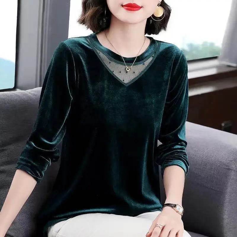 

Elegant O-Neck All-match Spliced Gauze Blouse Women's Clothing 2024 Autumn New Oversized Casual Pullovers Loose Commute Shirt