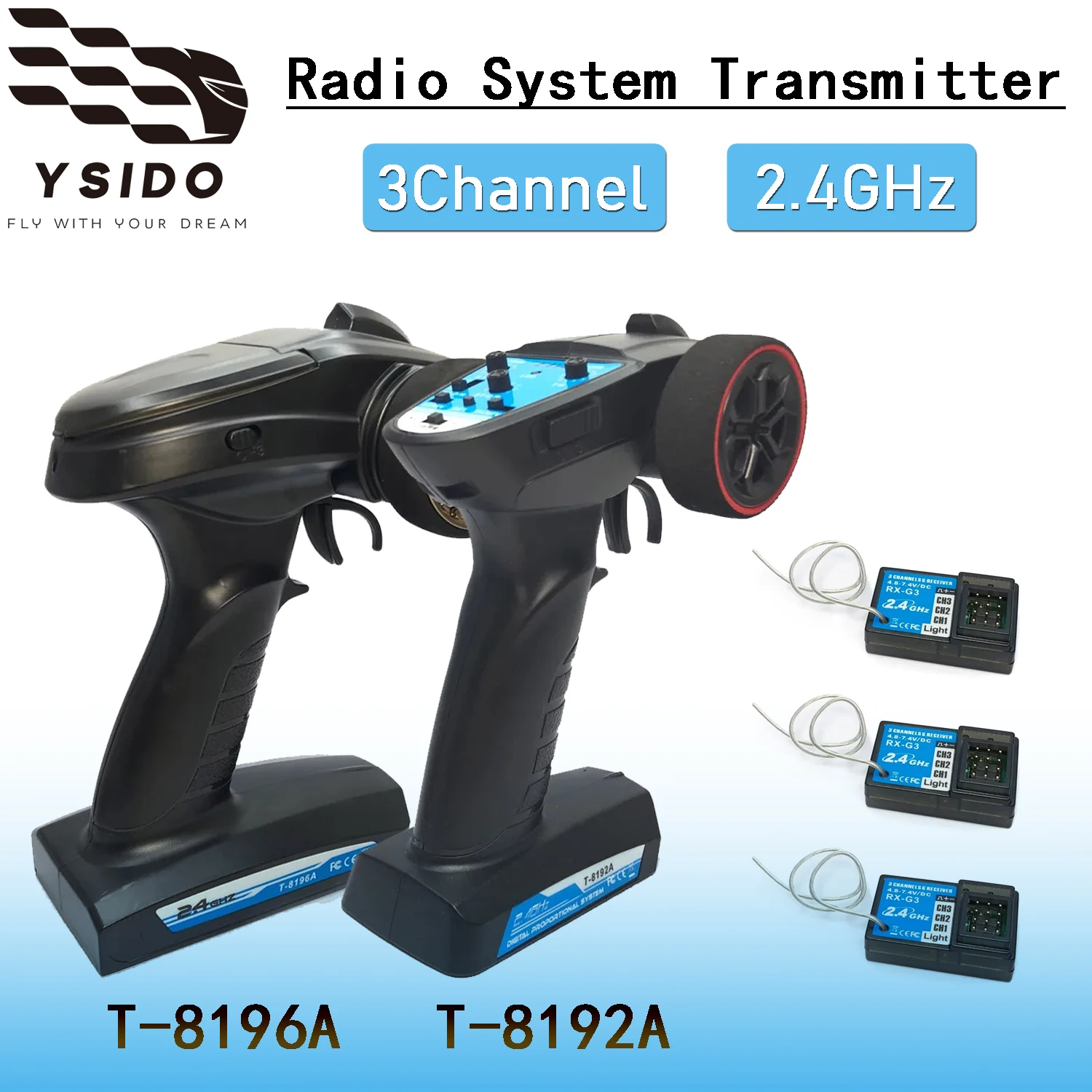 

YSIDO RC Radio System Transmitter 2.4GHz 3CH Radio Transmitter w/Receiver for 1/8 1/10 RC Crawler Buggy Truck Car T-8192A T-8196