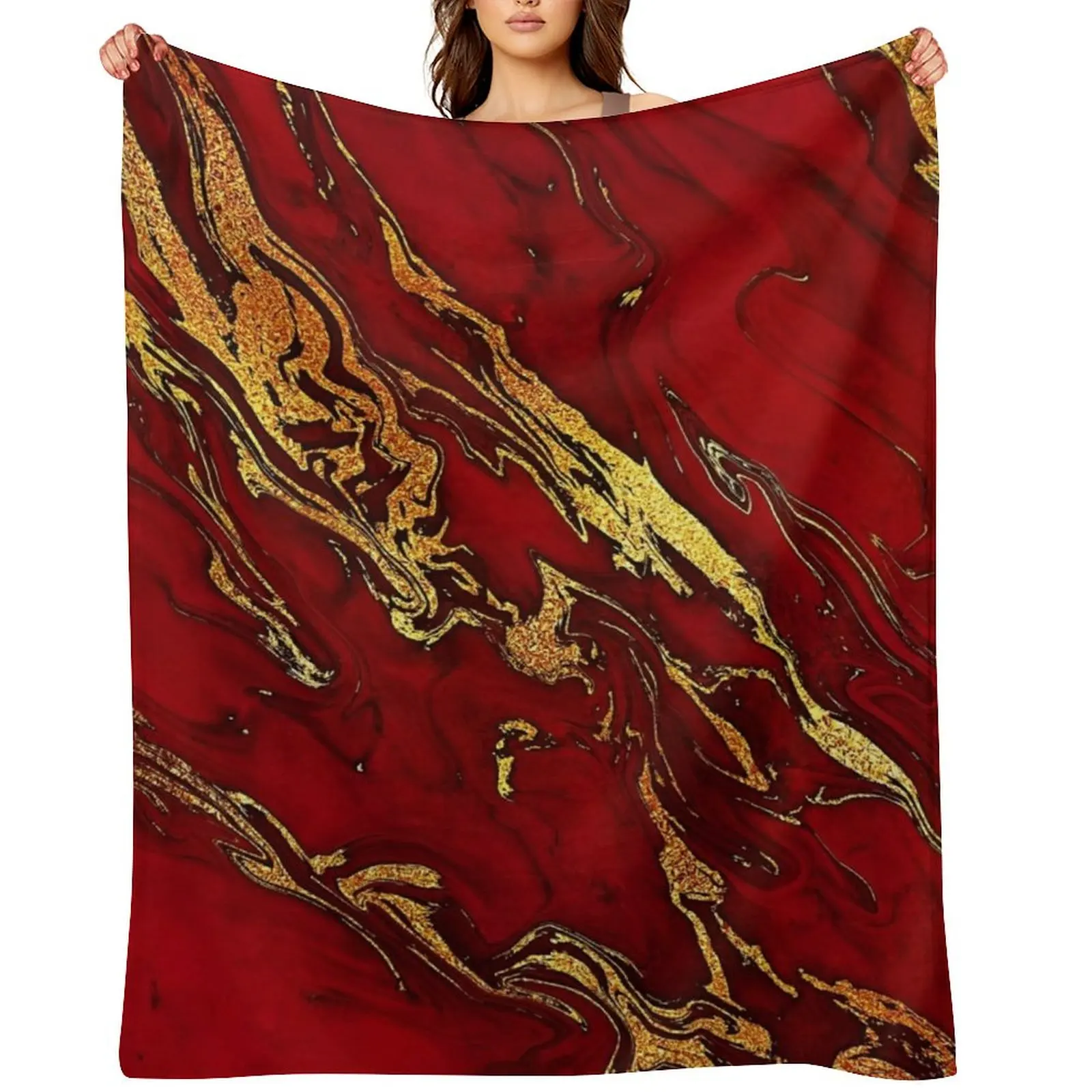 

Faux Fire Red And Gold Marble Throw Blanket Furry Luxury St Plaid on the sofa Warm Blankets