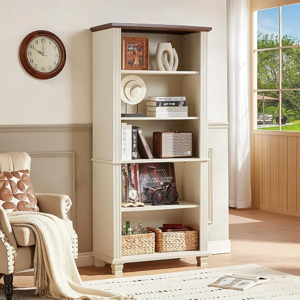 70 رف كتب أبيض طويل القامة، رف كتب خشبي من 5 طبقات مع أرفف قابلة للتعديل وأرجل خشبية، خزانة كتب للمزرعة قائمة بذاتها مع فتحة Di