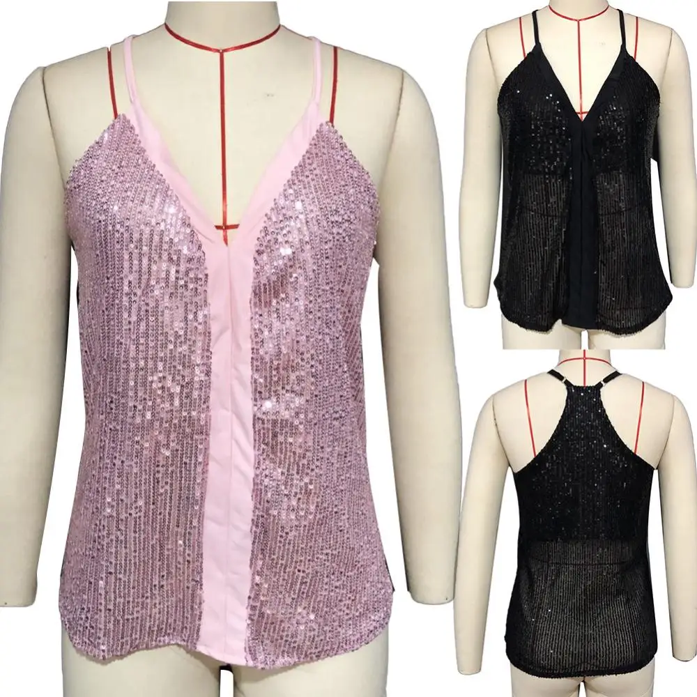 المرأة لامعة الرسن الرقبة تانك الأعلى ، بلوزة السيدات ، قمم للدبابات عارضة ، بلوزة أحادية اللون ، أسود ، بلا أكمام ، أزياء الصيف