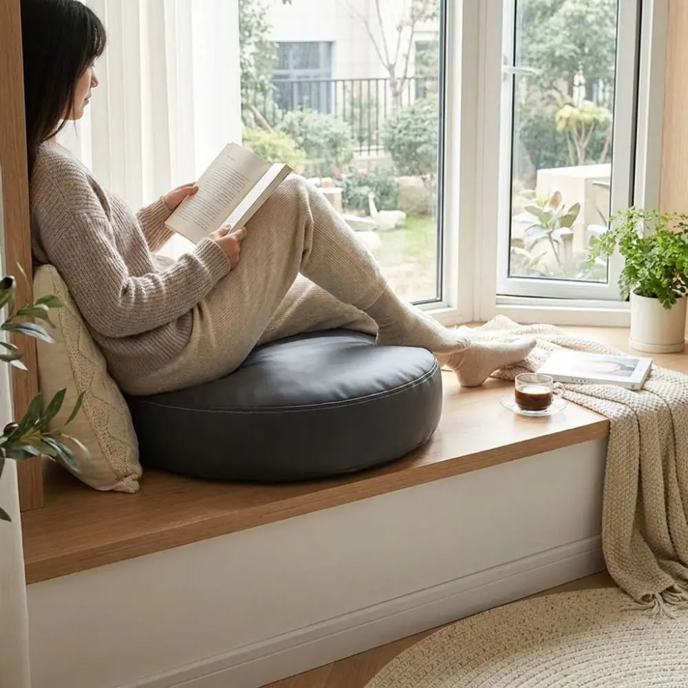 Practical PU Leather Round Seat Cushion with Filling Waterproof Chair Cushion Soft Removable Cover Chair Pad Living Room