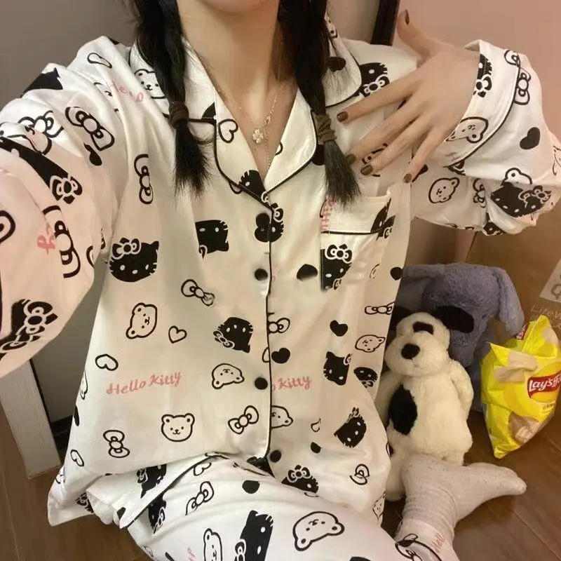

Комплект пижам Sanrio Hello Kitty из мягкой хлопковой ткани для женщин, с длинными рукавами и длинными брюками, для весны и осени, в стиле Ins, милый мультяшный дизайн