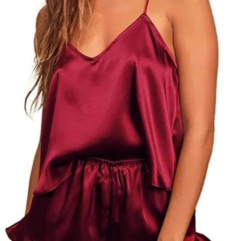 Women Silky Satin V-Neck Spaghetti Strap Shorts Pajama Set 2 Piece Lounge Sleepwear EU US