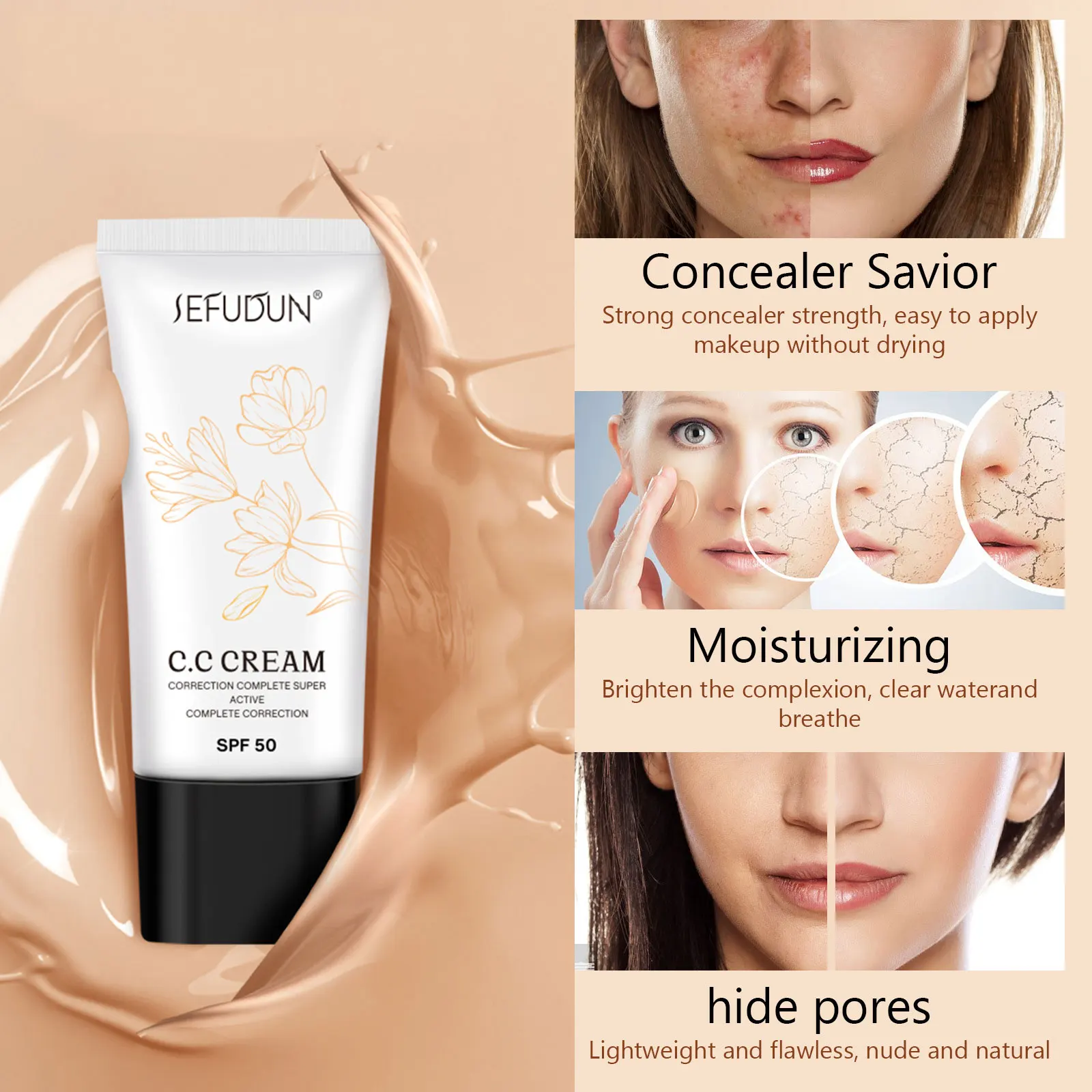 Skin Tone Adjusting CC Cream SPF 50 Color Correcting Self Adjusting For Women Makeup Primer Long Lasting Sunscreen Foundation