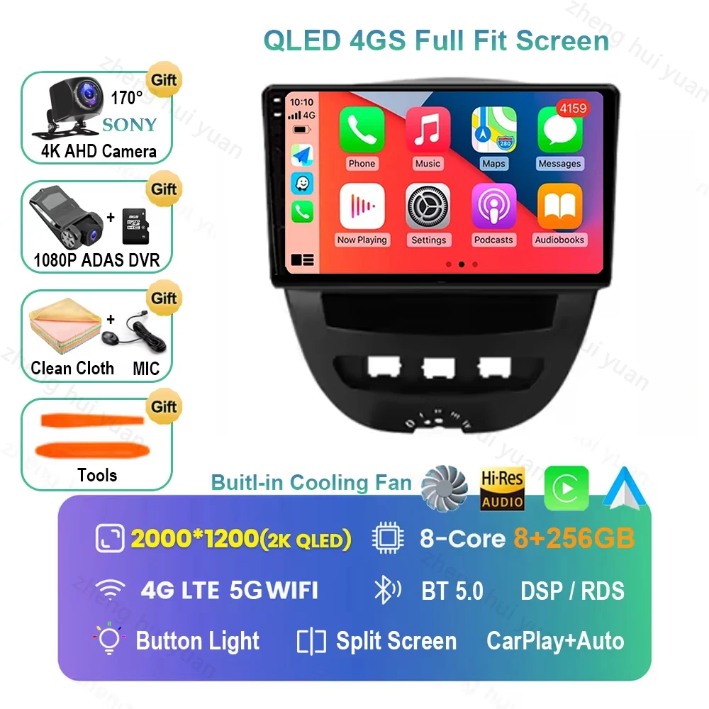 Voor Peugeot 107 Toyota Aygo Citroen C1 2005-2014 Android 16 Carplay & Auto Autoradio Navigatie Multimedia Stereo Speler BT QLED
