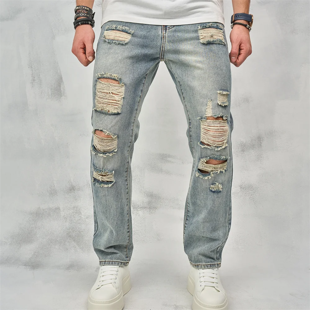 Streetwear Men Spring Loose Holes Distressed Straight Jeans Pants Stylish Retro Male Casual Denim Trousers