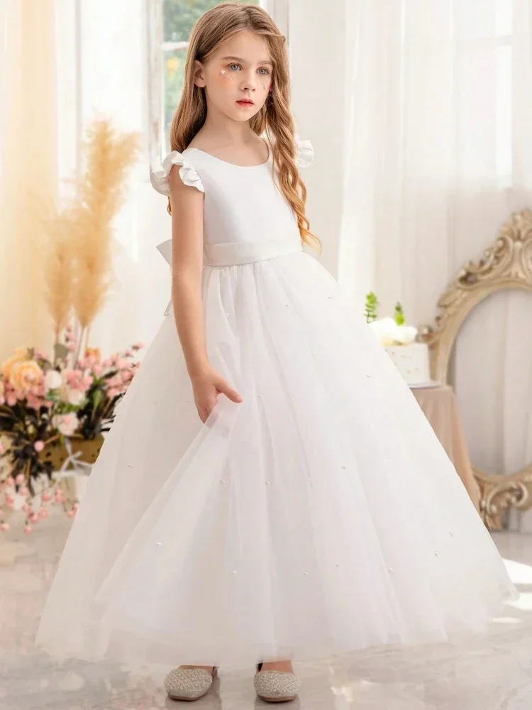 Flower Girl Dress White Tulle Pearls Skirt With Bow Short Sleeve For Wedding Birthday Party First Communion Gowns Princess Dress