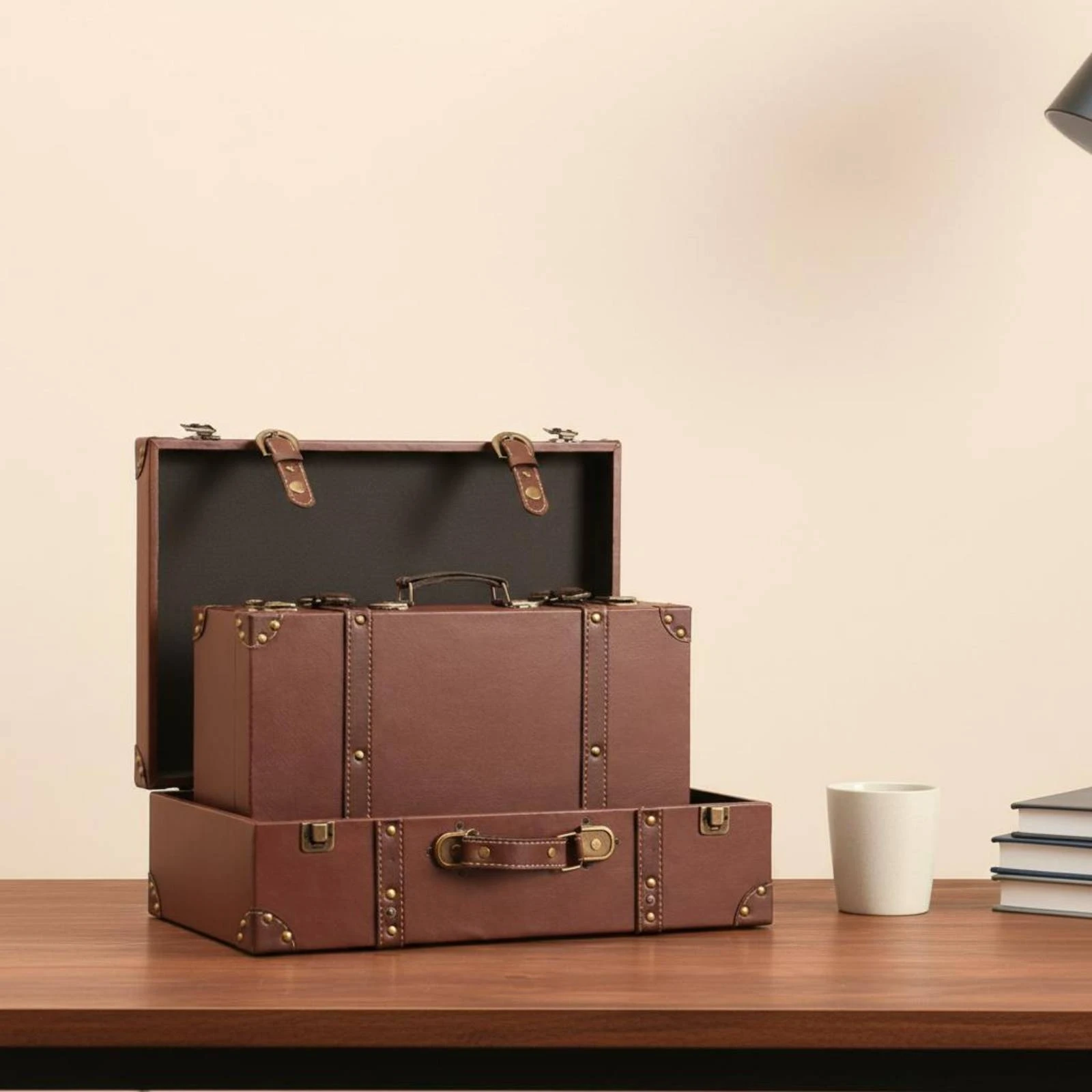 Vintage Suitcase Trunk Leather-Like Hard-Sided Suitcase Retro Display Trunk Rivet Hardware Storage Chest Decorative Straps