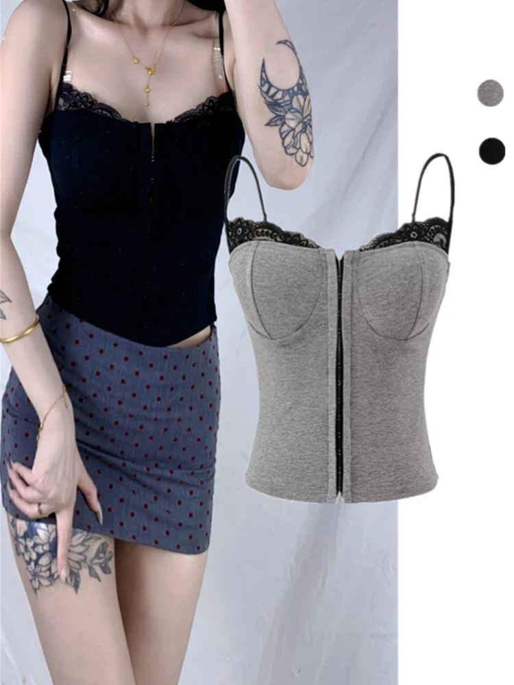 섹시한 레이스 숏 스트랩 크롭탑 단색 배색 헤비 버튼 패드 브라렛 트렌디 이너웨어 여성 여름 패션