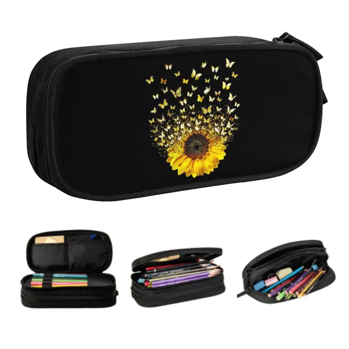 Custom Butterfly Sunflower Flying Gift School Pencil Case Girls Boys Large Storage Flower Pencil Pouch Students Stationery