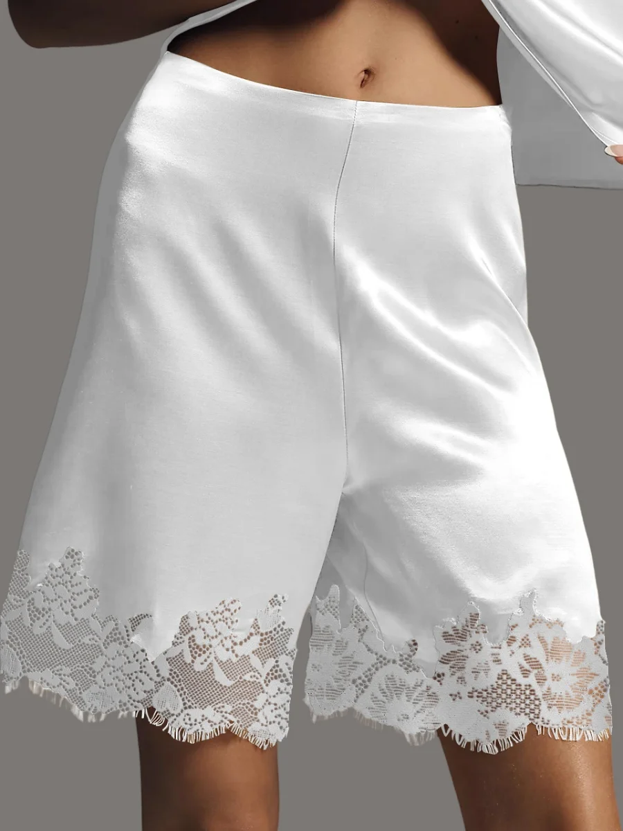 レーストリムワイドレッグショーツレディース Y2k ヴィンテージサテンシルクパッチワークエレガントカジュアルホーム快適な睡眠パンツショーツ