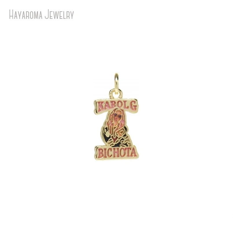 5Pcs Metal Wholesale Pink Enamel Copper Hiphop Jewelry Karol G Bichota Alphabet Pendant Gold Color Charms PM52344