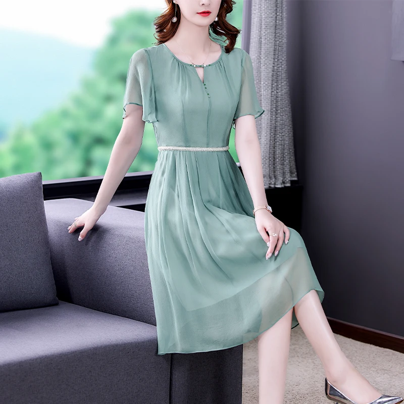 

2024 Solid Mesh Chiffon Hollow Out O-Neck Sexy Midi Dress Summer Fashion Light Beach Dress Women Korean Elegant Bodycon Dresses